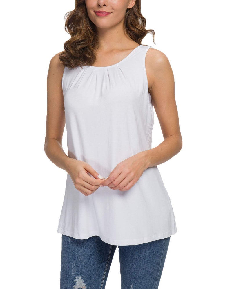 TASAMO Women's Summer Sleeveless Pleated Back Closure Casual Tank Tops (Large, White) - Image 2